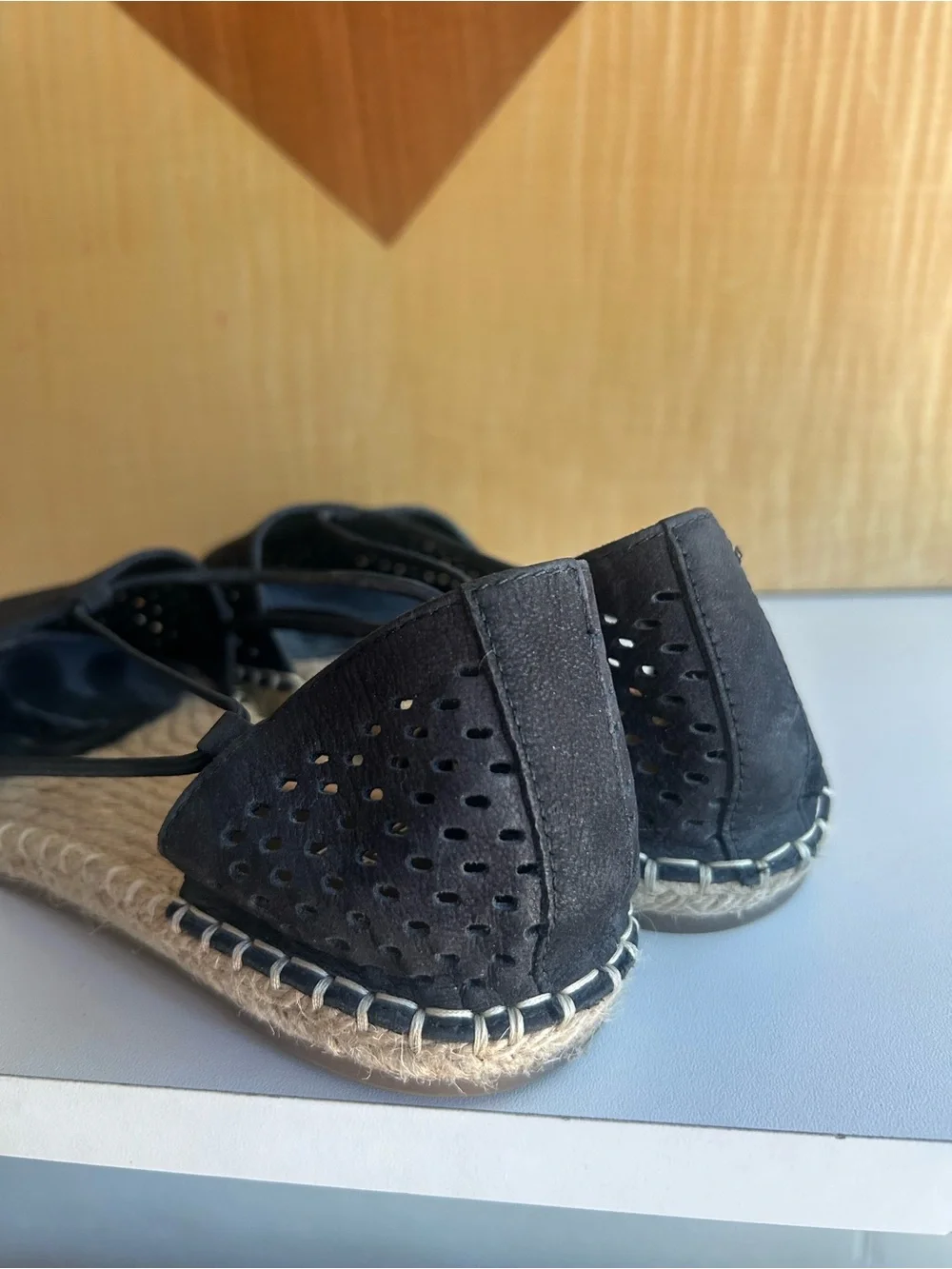 Eileen Fisher Lee Black suede Perforated Espadrille Flats Summer Beach size 8